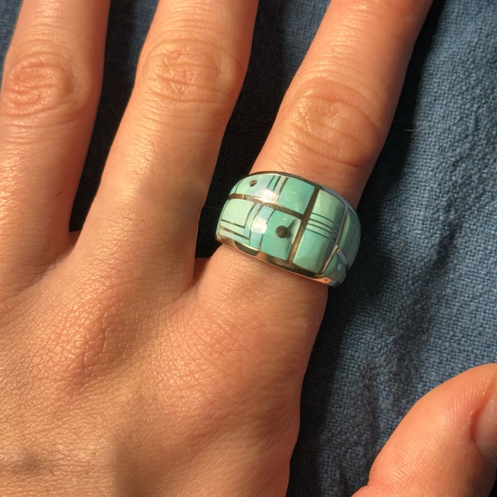 GL Miller Studio Sterling Silver with Turquoise Panel Inlay Ring 12 Gram Size 7